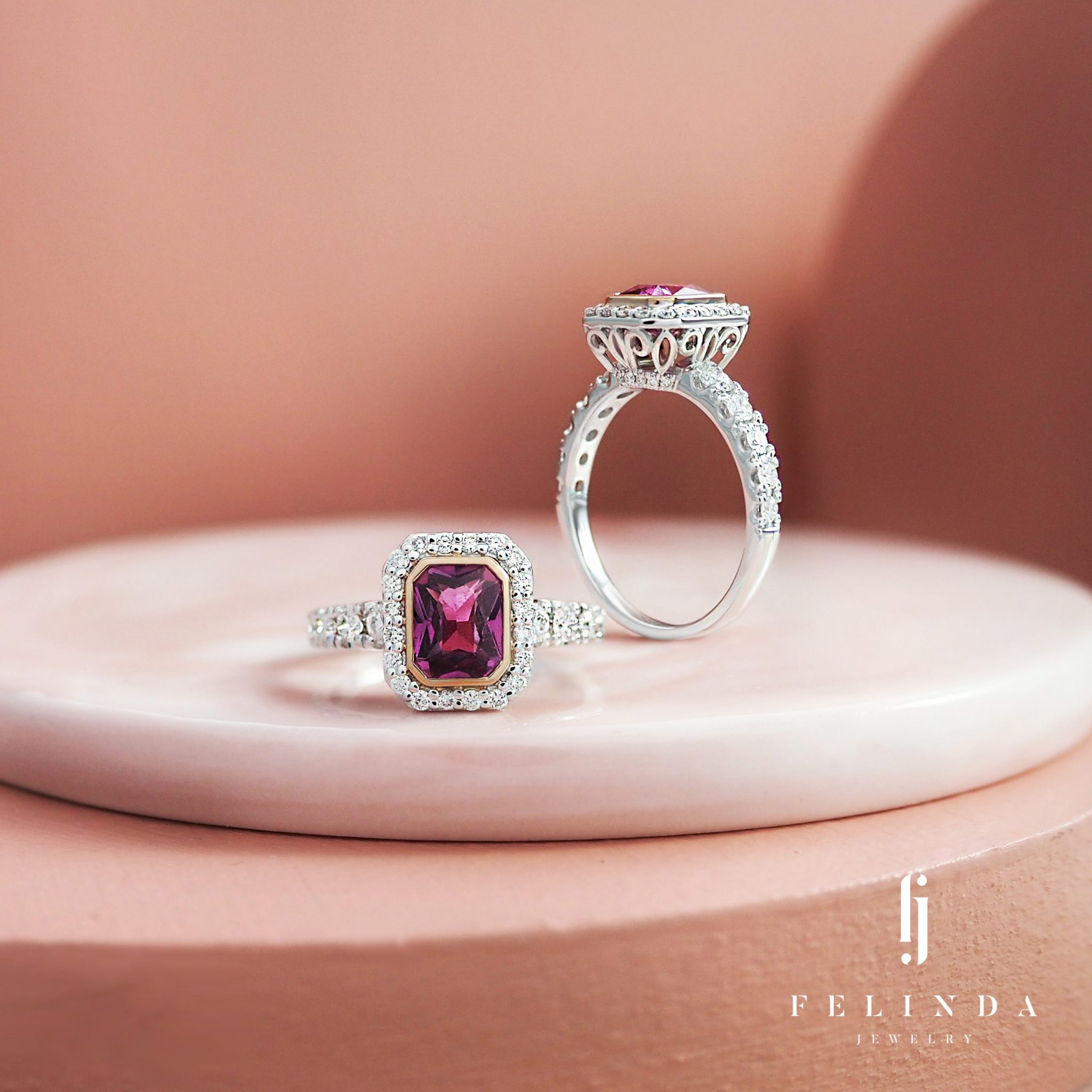18k Gold with Dark Pink Sapphire and Diamond Ring