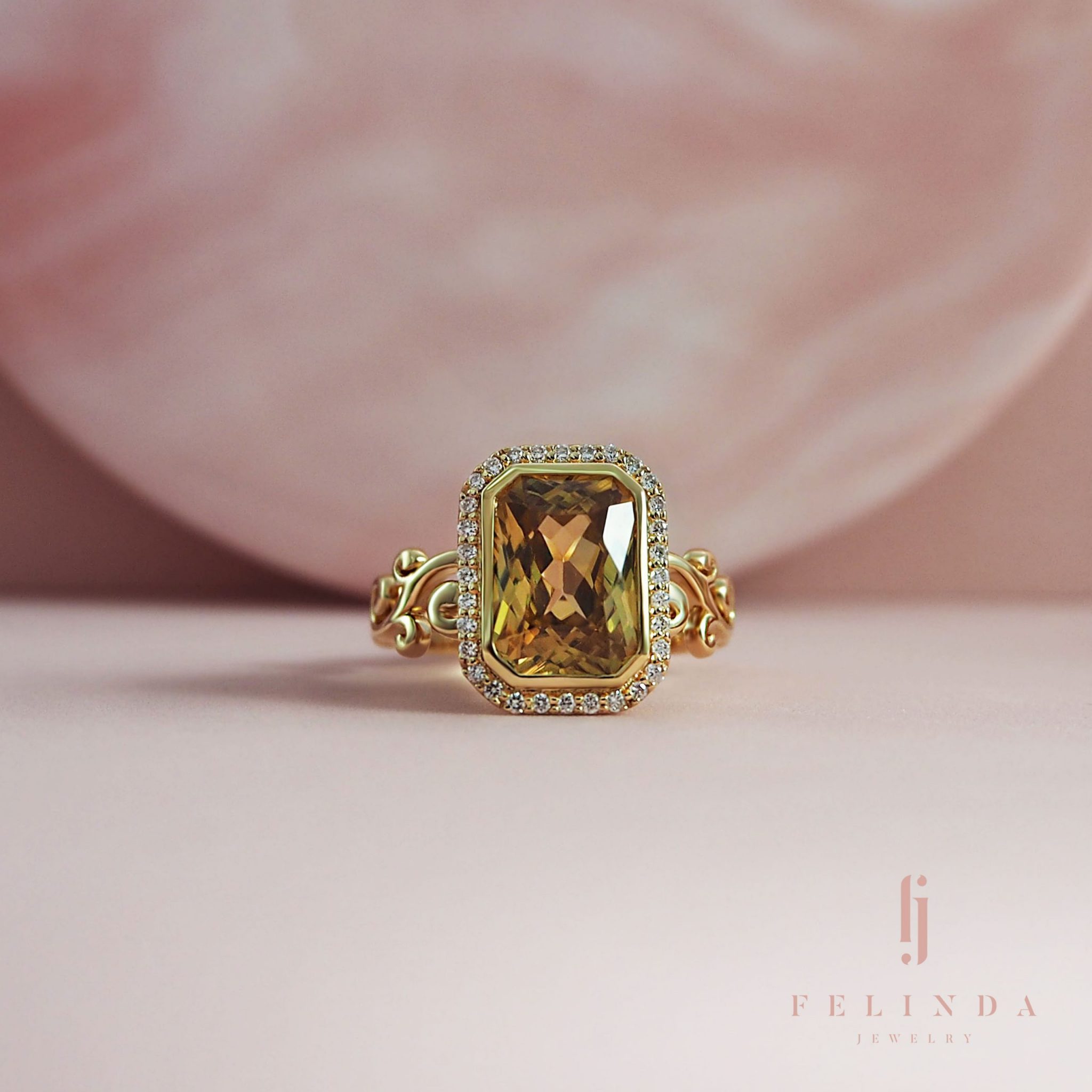 18k Gold with Yellow Zircon & Diamond Ring