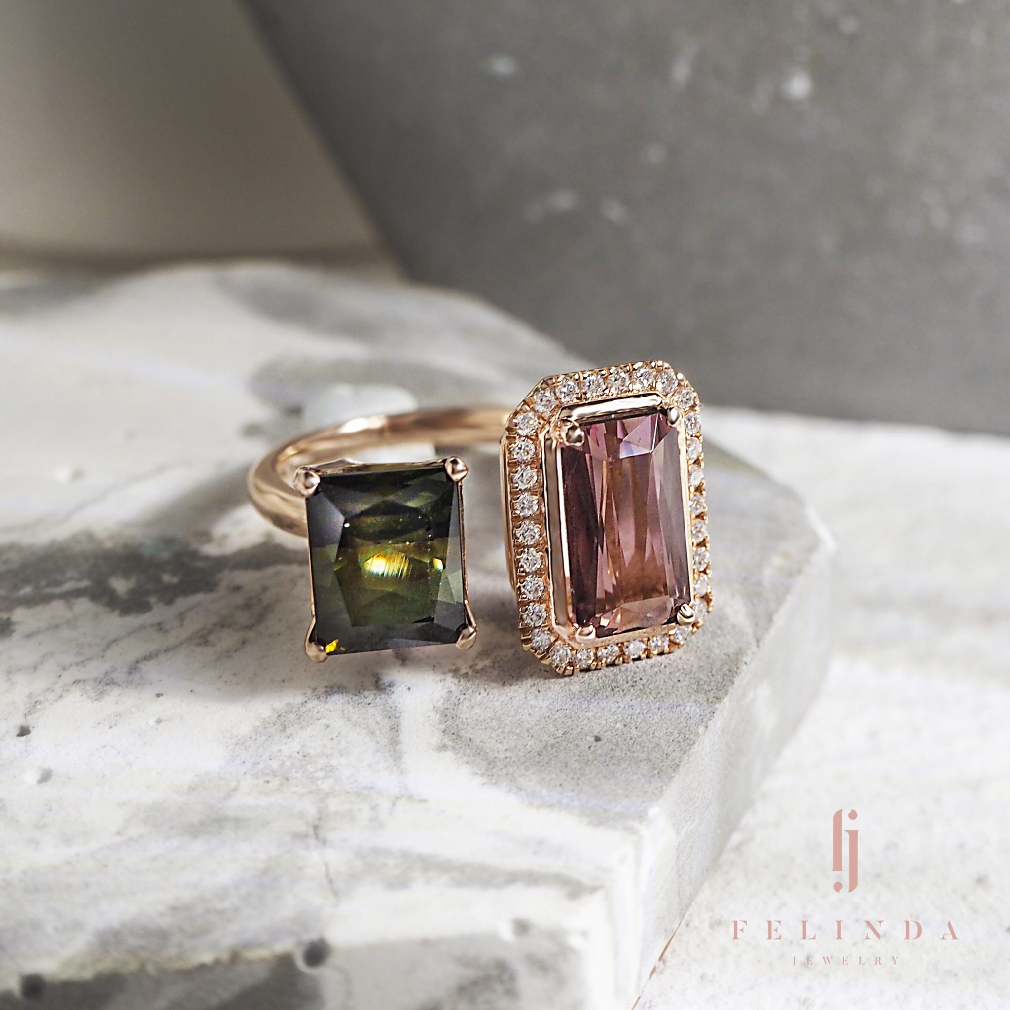 18K Green & Pink Tourmaline Ring
