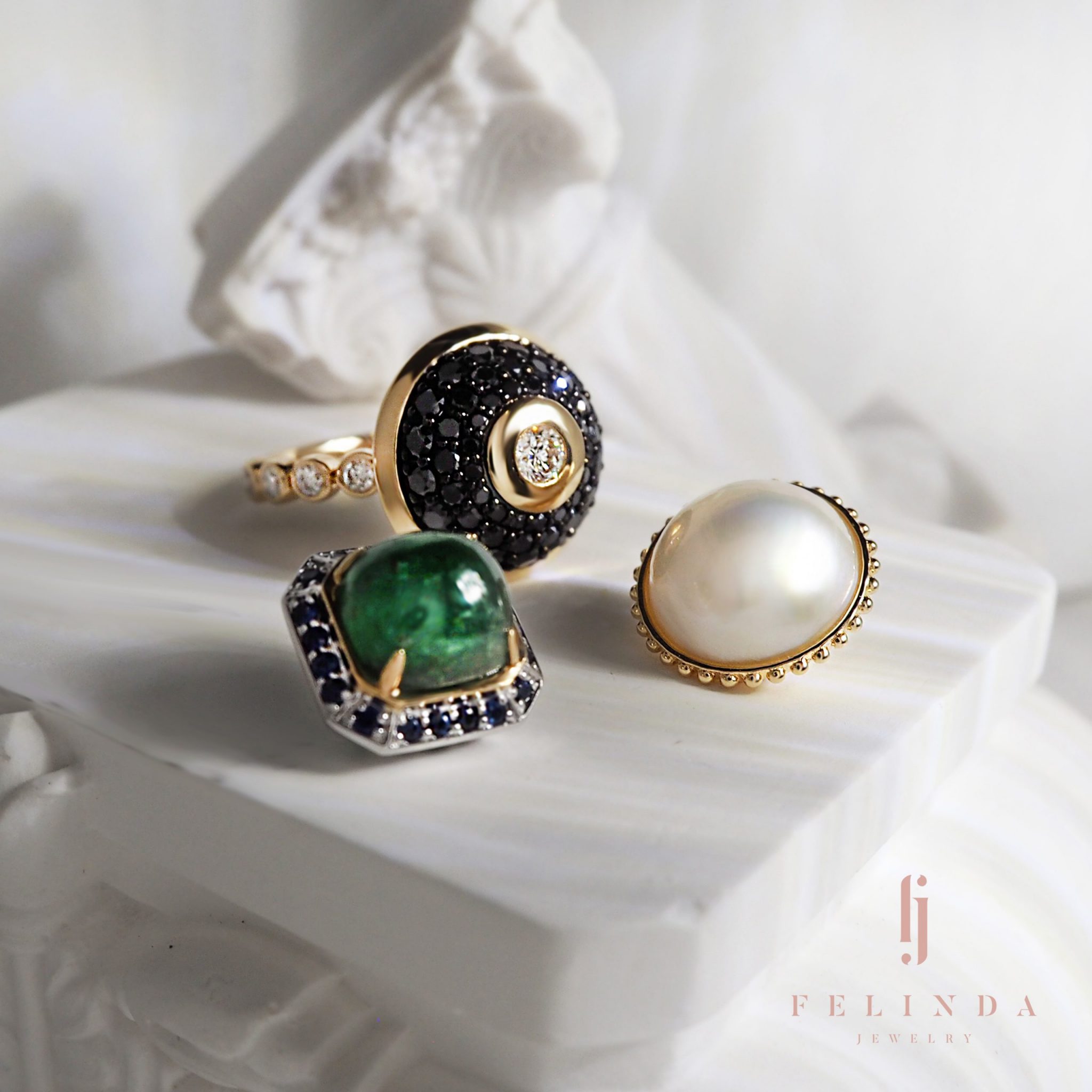 18K Triple Ring (Black Diamond, Emerald and Mabe Pearl)